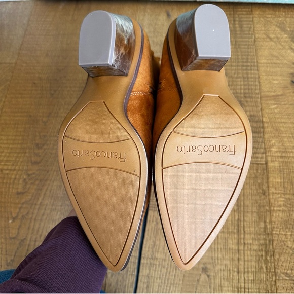 NEW Franco Sarto Sammi Suede Bootie in Camel Whiskey Brown with Metallic Heel - Picture 5 of 12